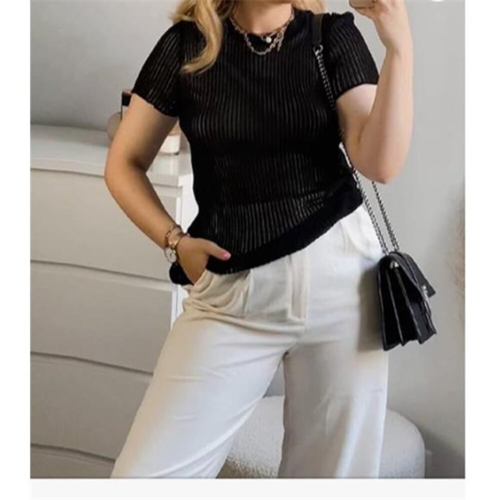 NEW MISSACTIVER Women Mesh Knitted See Through Tshirt Women's S